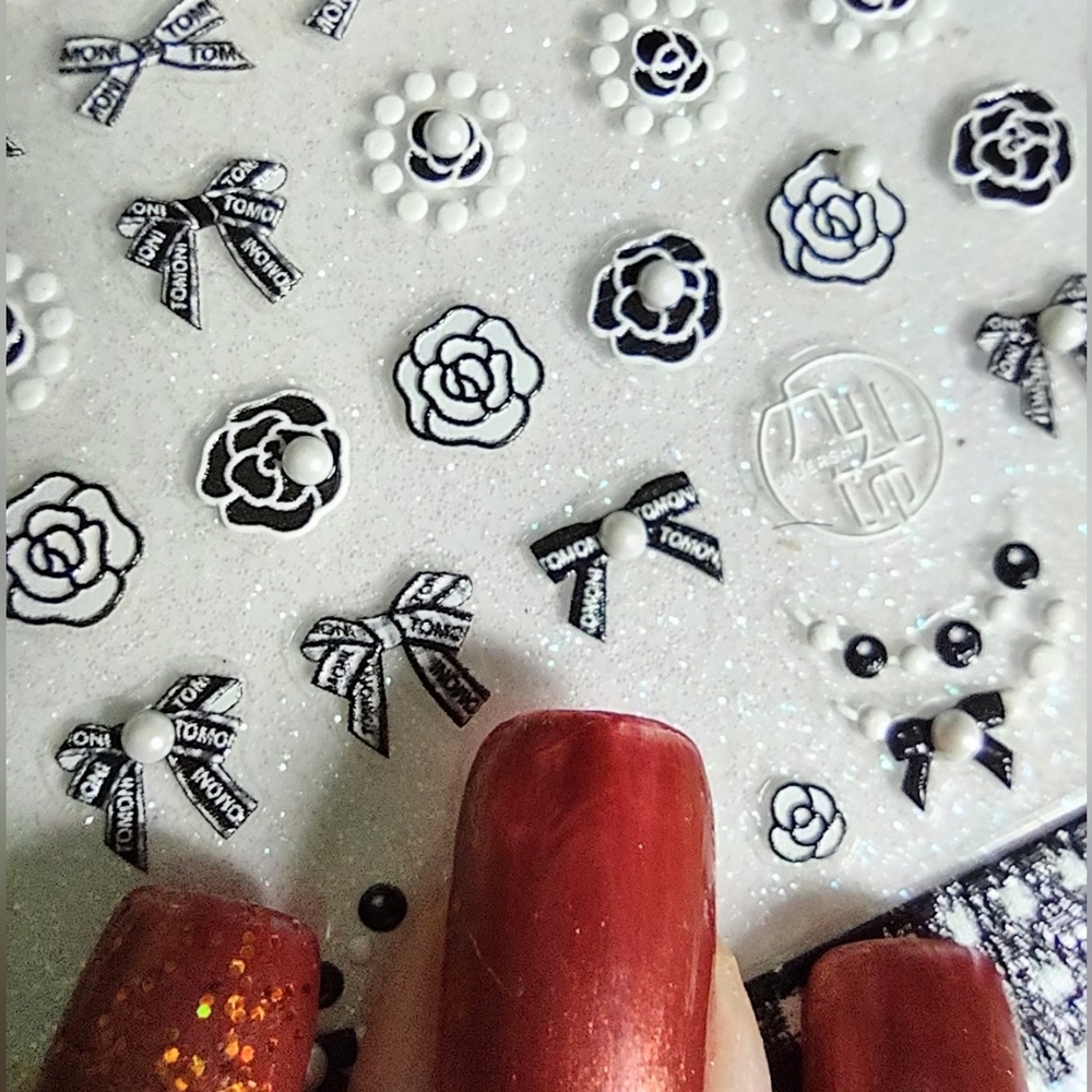 Fingernail Camilla Flower Black Bows Nail Art Stick-ons